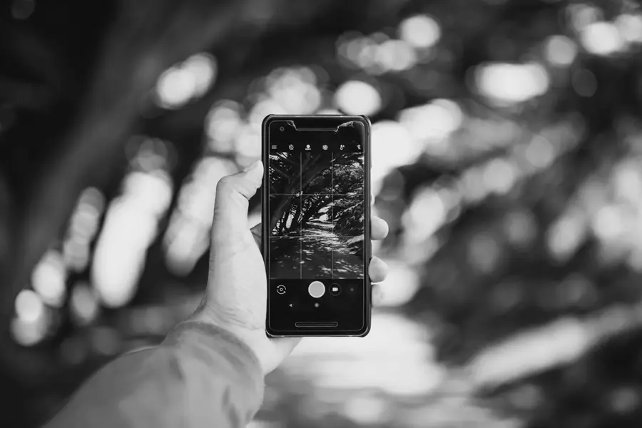 Mão a segurar um telemóvel ao ar livre